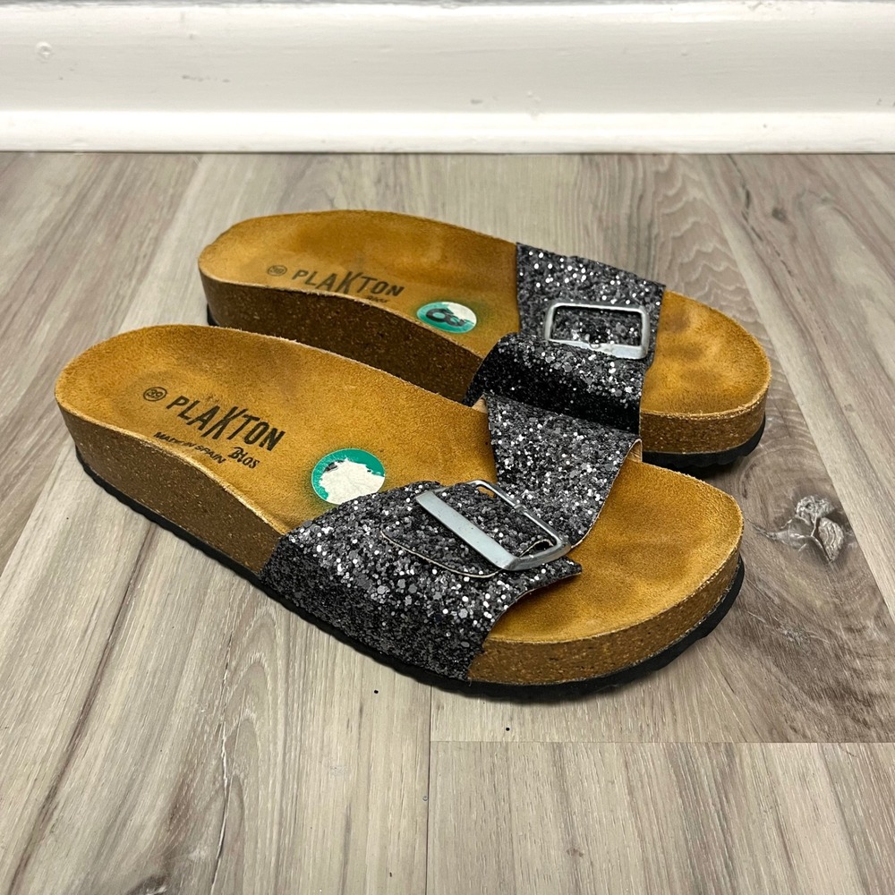 Plakton‎ Dark Grey Glitter Buckle Cork Slide Sandals in EU Size 39 / US 8-8.5